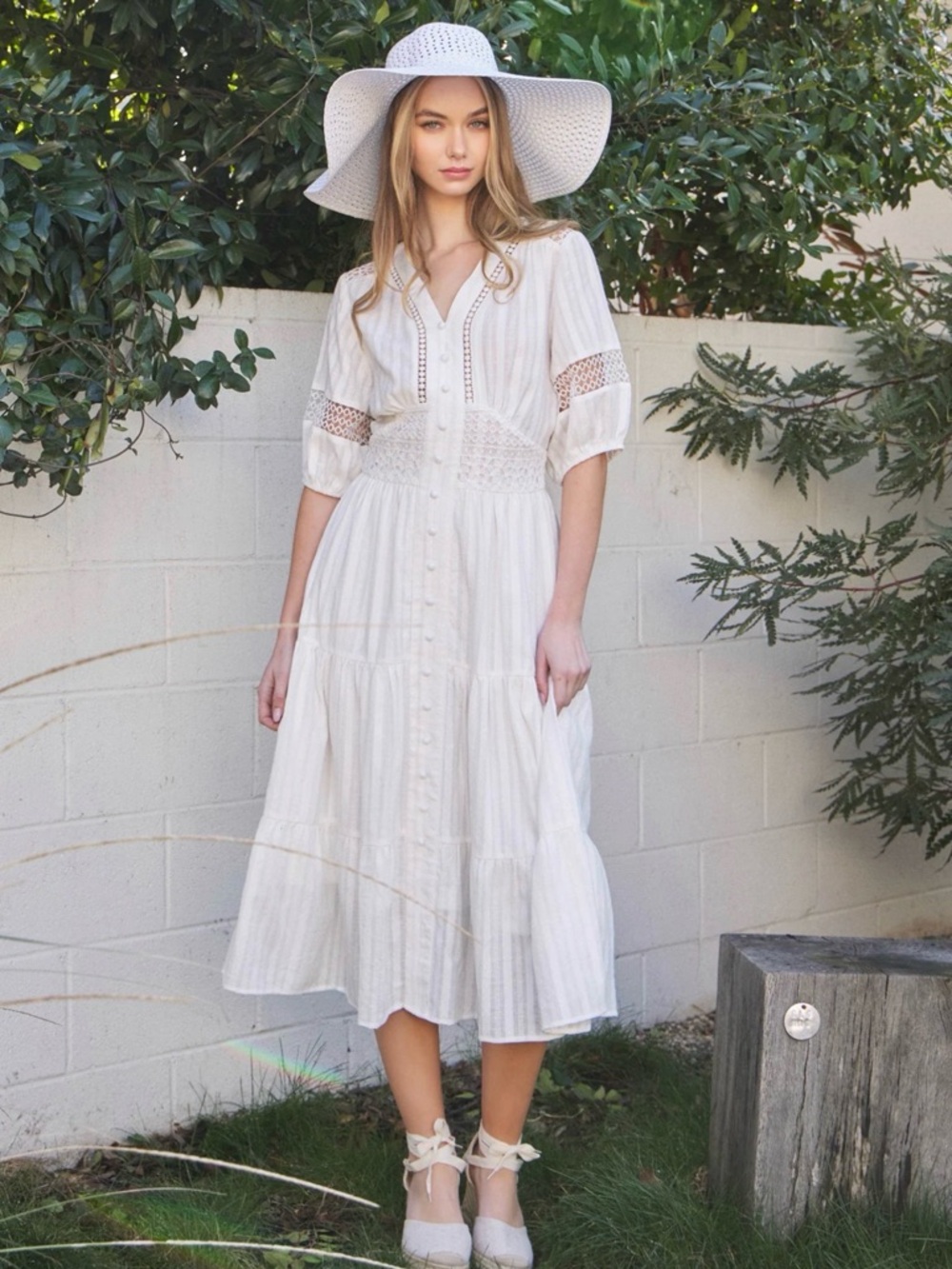RIVIR Boutique White Midi Dress with Crochet Details